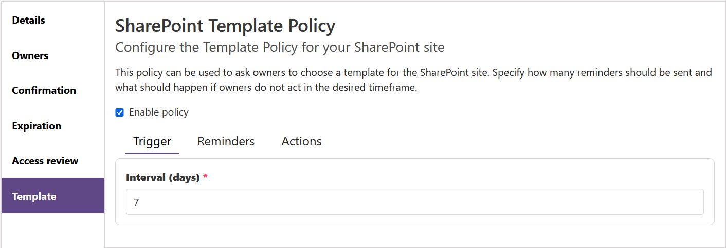 SharePoint template policy